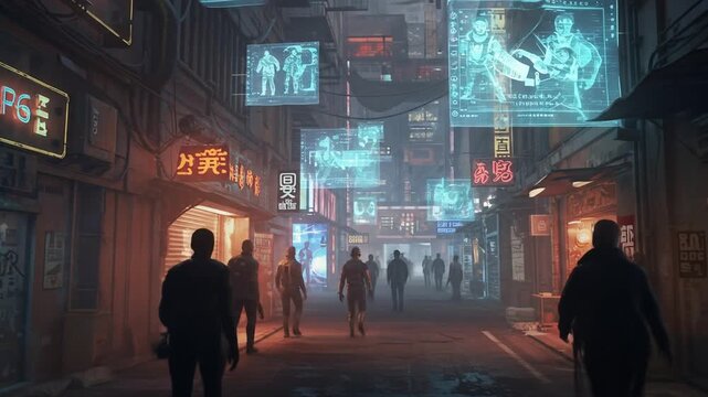 Dynamic Cyberpunk Cityscape: Night Street with Walking People and Glowing Holographic Advertisements.