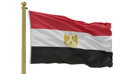 Egyptian national flag waving on pole with gold finial, isolated on white background, symbol of Egypt for patriotic and international use