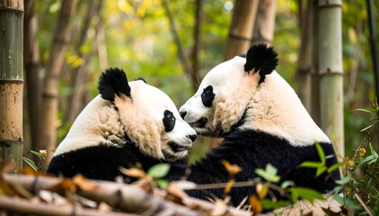 Two pandas face to face in bamboo forest