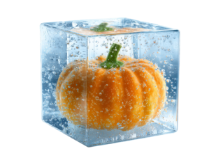 A small ribbed orange pumpkin with a green stem frozen and suspended inside a clear bubbly ice cube.