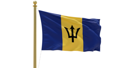 Flag of Barbados waving on a pole isolated on white background, symbol of national pride and Caribbean country, perfect for travel and cultural projects
