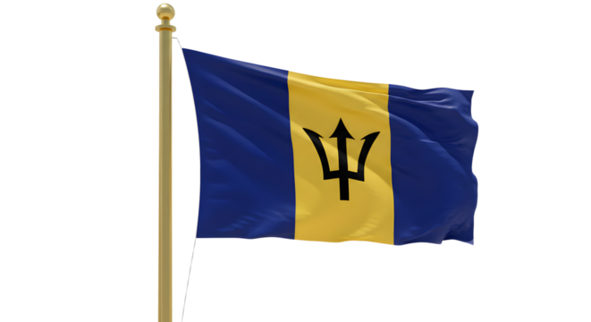 Flag of Barbados waving on a pole isolated on white background, symbol of national pride and Caribbean country, perfect for travel and cultural projects