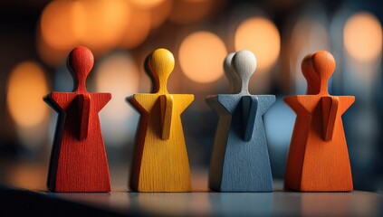 Colorful wooden figurines in prayer, blurred background
