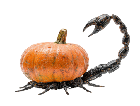 Futuristic Cybernetic Scorpion with a Textured Orange Pumpkin Carapace.