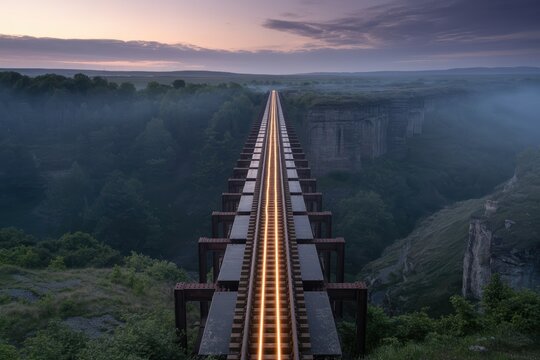 Dramatic railway bridge crossing a misty valley with golden light illuminating the tracks at dusk, creating a stunning visual