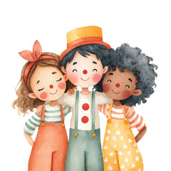 Watercolor Illustration of Three Smiling Children Embracing Each Other Joyfully