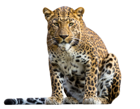 Leopard sitting gracefully, spotted fur pattern visible, cutout isolated on transparent background PNG