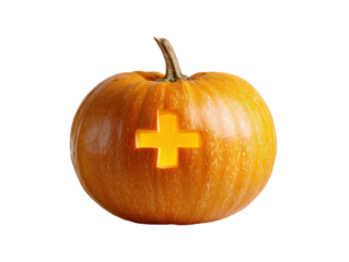 Orange jack-o-lantern with a luminous carved plus sign a symbol of health or first aid.