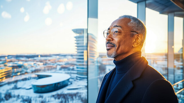 Thoughtful mature Black man in glasses admiring beautiful snowy cityscape from modern office window during golden hour sunrise or sunset, embodying contemplation and success