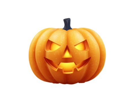 Stylized Halloween Jack-o-lantern with a menacing carved face and a bright warm internal glow.