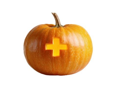 Orange jack-o-lantern with a luminous carved plus sign a symbol of health or first aid.