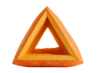 A fresh raw pumpkin piece carved into a hollow three-dimensional triangle with speckled orange skin.