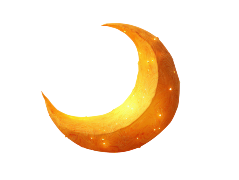 Luminous golden crescent moon with glowing lights and intricate swirling line patterns.