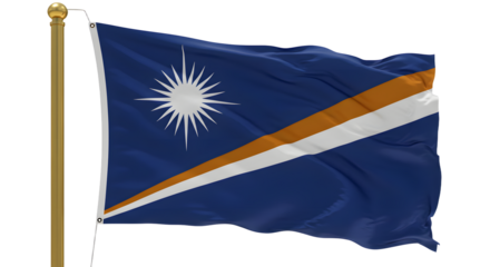 National flag of the Marshall Islands waving on flagpole against white background, symbol of independence and patriotism