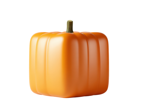Unique square-shaped orange pumpkin with a glossy ribbed surface and green stem.