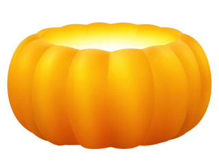 A vibrant stylized orange pumpkin hollowed out and glowing with a bright yellow light from its open top.