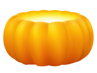 A vibrant stylized orange pumpkin hollowed out and glowing with a bright yellow light from its open top.