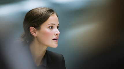 Professional with focused expression conducting recertification of access rights digital interface clear while meeting room surroundings are artistically blurred.