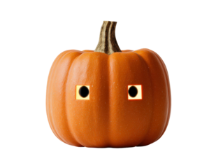 An amusing orange pumpkin character with peculiar square yellow eyes and a brown stem.