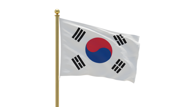 South Korea flag waving on golden flagpole with white background, national symbol perfect for cultural events and international celebrations