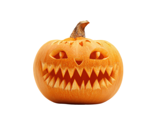 Scary carved Halloween Jack-o-lantern with a menacing grin and sharp triangular teeth.