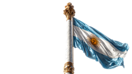 Argentina national flag waving on decorative golden flagpole isolated on black background, patriotic symbol, ideal for national celebrations