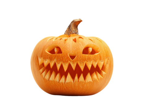 Scary carved Halloween Jack-o-lantern with a menacing grin and sharp triangular teeth.