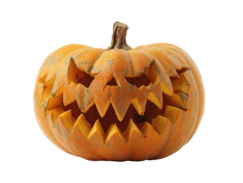 A spooky carved Halloween pumpkin with a menacing grin and sharp jagged teeth.