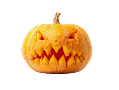 Fearsome orange Jack-o-lantern with a monstrous grin and sharp jagged teeth.