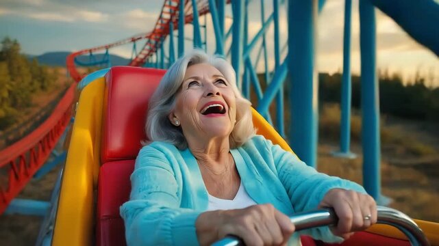 An elderly woman seated inside a colorful roller coaster car, smiling wide with excitement while joyful roller coaster car in amusement park. Thrilling adventure for entertainment, Weekend activity	