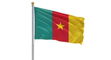 Cameroon national flag waving on pole isolated on white background, symbol of African country, perfect for cultural and educational projects