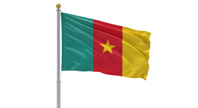 Cameroon national flag waving on pole isolated on white background, symbol of African country, perfect for cultural and educational projects