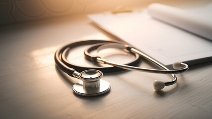 A stethoscope lies on a flat surface next to an open notebook. 