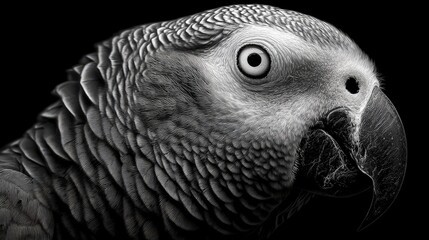 Fototapeta premium Close-up grayscale parrot portrait, studio shot, black background