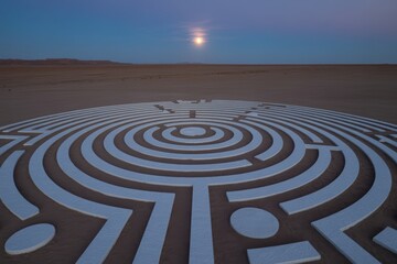 Overhead view of a large circular labyrinth maze pattern built on dry earth beneath a pale evening moon for guidance.
