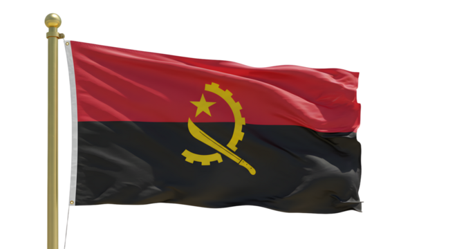 Flag of Angola waving on flagpole isolated on white background, national symbol, perfect for cultural and international event presentations
