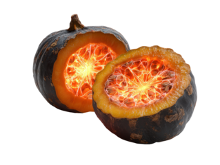 Halved dark green kabocha squash with a magically glowing fiery orange core of pure energy.