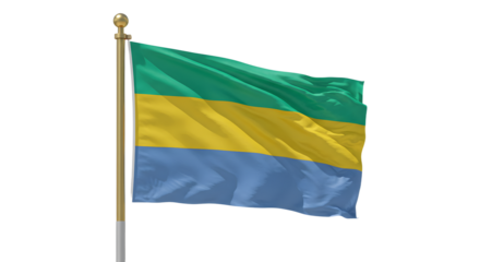 Flag of Gabon waving on pole against white background, national symbol perfect for education and cultural projects