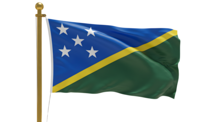 Flag of Solomon Islands waving on flagpole with blue, green, and yellow colors and white stars, symbol of national identity and pride