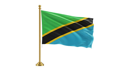 Flag of Tanzania waving on a gold flagpole against white background, symbol of East African nation perfect for patriotism and cultural celebrations