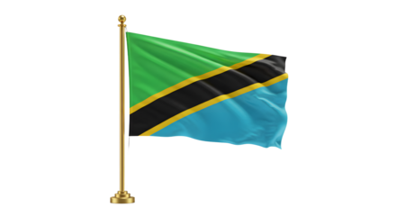 Flag of Tanzania waving on a gold flagpole against white background, symbol of East African nation perfect for patriotism and cultural celebrations