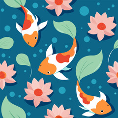 Seamless pattern featuring vibrant koi fish swimming among lotus flowers and water ripples