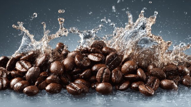 Coffee Beans Splashing in Water on Dark Background with Dynamic Motion and Refreshing Vibes