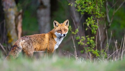 Red fox in a forest clearing