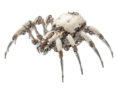 Elaborate mechanical spider with an ivory-white carapace chrome limbs and intricate copper-colored joints.