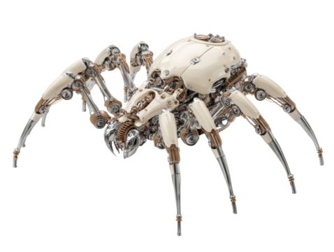 Elaborate mechanical spider with an ivory-white carapace chrome limbs and intricate copper-colored joints.