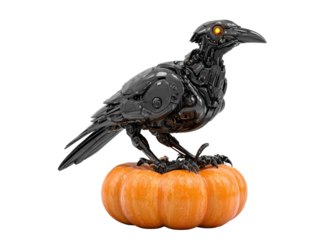 A glossy black robotic crow with a glowing orange eye perched on a vibrant pumpkin.
