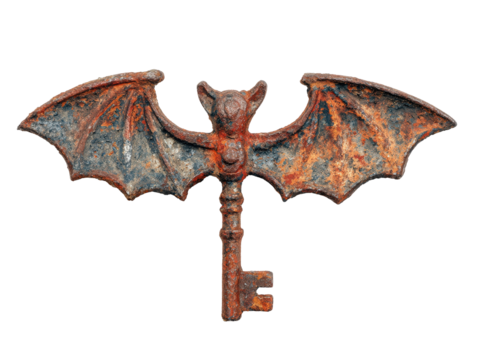 Antique rusty iron key shaped like a bat with spread wings and a heavily corroded textured surface.