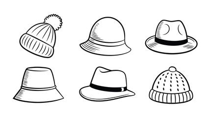 Black and white line drawings of six different hats on a white background headwear fashion