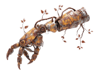 A weathered rusty robotic arm with articulated claw-like fingers entwined with a metallic vine.